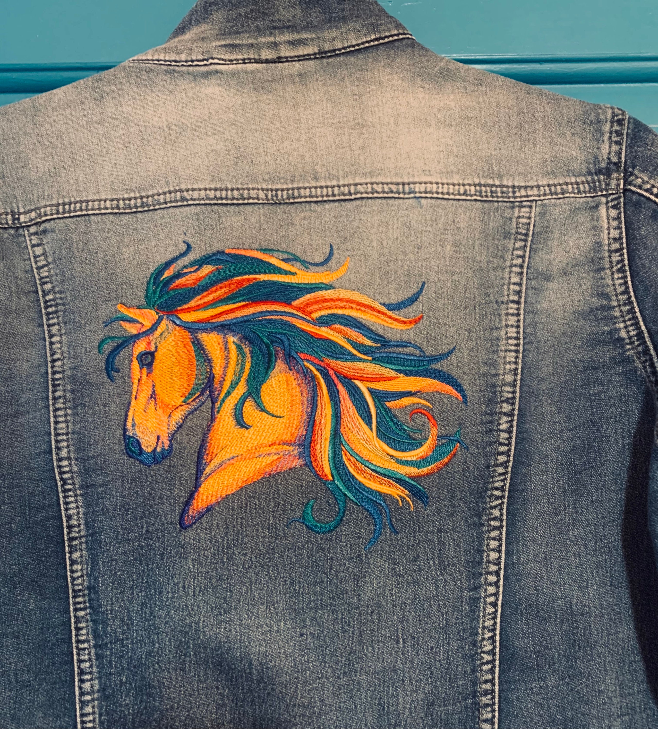 Vibrant Horse embroidered on Denim Jacket Etsy