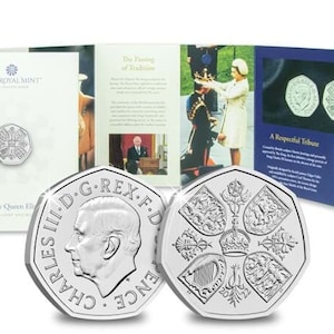 Very First Definitive King Charles III Coin - Memorial Coin - Her Majesty Queen Elizabeth II 2022 UK 50p Brilliant Uncirculated Coin