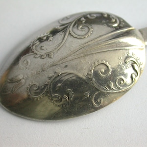 May include: A silver spoon with an ornate, swirling design. The spoon is slightly curved and has a rounded bowl.