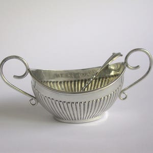 Victorian Hallmarked Two-Handled Silver Open Salt Cellar with Original Salt Spoon by James Deakin, Chester 1896