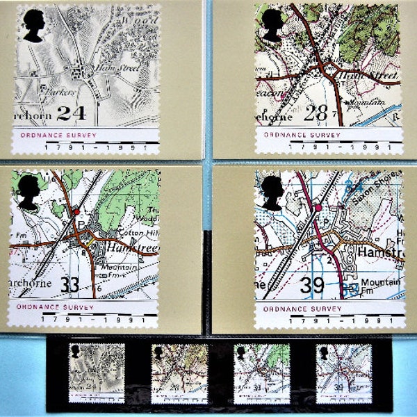 Ordnance Survey Maps Stamps & Postcards -Set of 4 Vintage Postcards and Matching Mint Stamps
