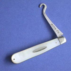 Small Antique Hallmarked Silver Button Hook with Mother of Pearl Handle