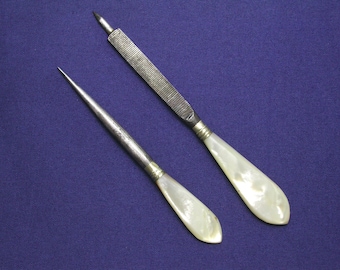 Pair of Victorian Sewing or Vanity Tools with Mother of Pearl Handles