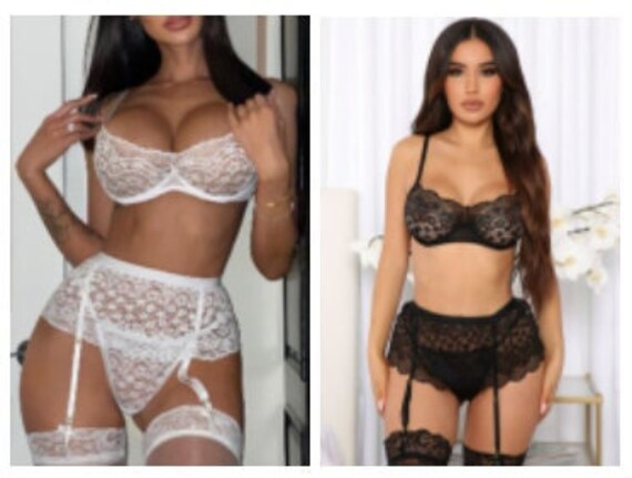 Sheer Lace Bra & Panty Set With Garter Belt. Lingerie-women