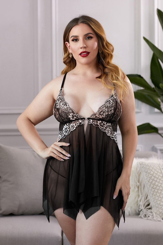 Plus Size Lace Stitching Sheer Tulle Babydoll. Plus Size Lingerie, Plus  Size Women Lingerie, Plus Size Sexy Lingerie-plus Size Nightwear 