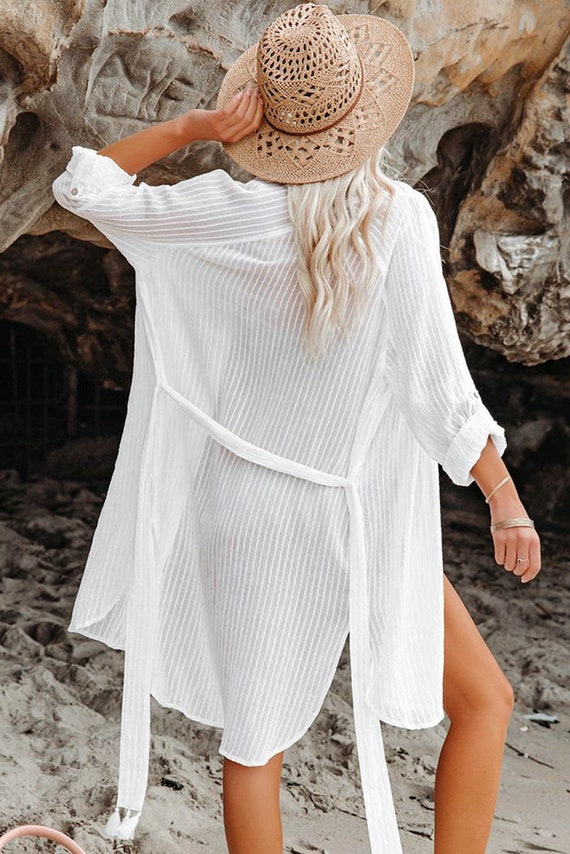 White Striped Shirt Dress Beach Cover up With Belt. Beachwear