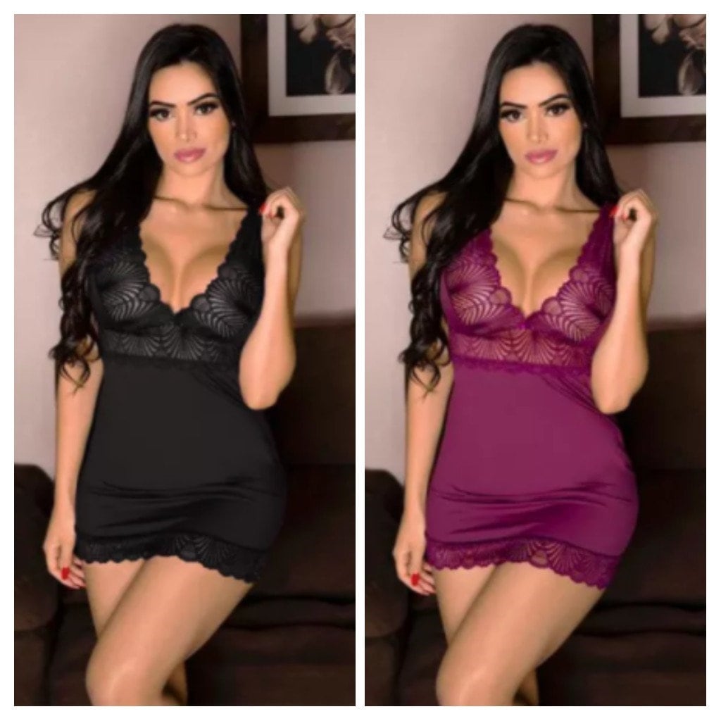 Women Sexy Sleepwear Teddy Lingerie Lace Chemise Nightgown Sleepwear V Neck  Full Slip Babydoll Lingerie Sleep Dress (Medium,Purple)