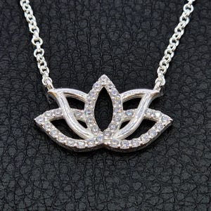 Sterling Silver Lotus with CZ Diamond, Lotus Necklace, Lotus Flower Necklace, Women's Necklace Lotus Charm Necklace , Minimalist - Handmade