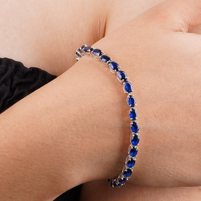 Silver Blue Sapphire Tennis Bracelet for Her, Mothers day gift, Unique Birthday Gift for Her, Women silver Bracelet women Silver Jewelry image 2