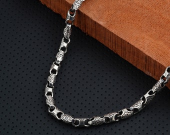 Mens Engraved Silver Chain Necklace, Fathers Day Gift, Unique Birthday Gift for Him, Men Sterling Silver Heavy Chain, Men Silver Jewelry