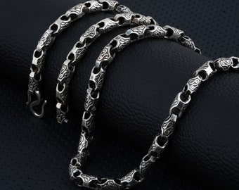 Mens Engraved Silver Chain Necklace, Fathers Day Gift, Unique Birthday Gift  for Him, Men Sterling Silver Heavy Chain, Men Silver Jewelry