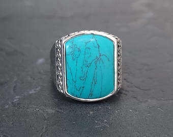 Sterling Silver Turquoise Stone Ring, Handmade Classic Minimal 925 Silver Ring, Anniversary Gift for Men, Birthday Gift, Mens Jewelry Gift