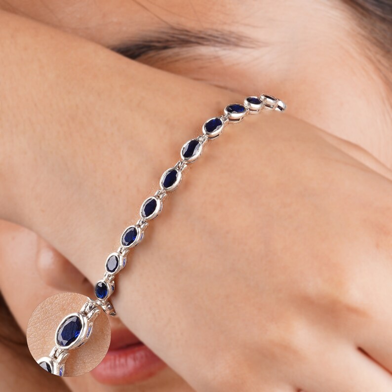 Silver Blue Sapphire Tennis Bracelet for Her, Mothers day gift, Unique Birthday Gift for Her, Women silver Bracelet women Silver Jewelry Bezel