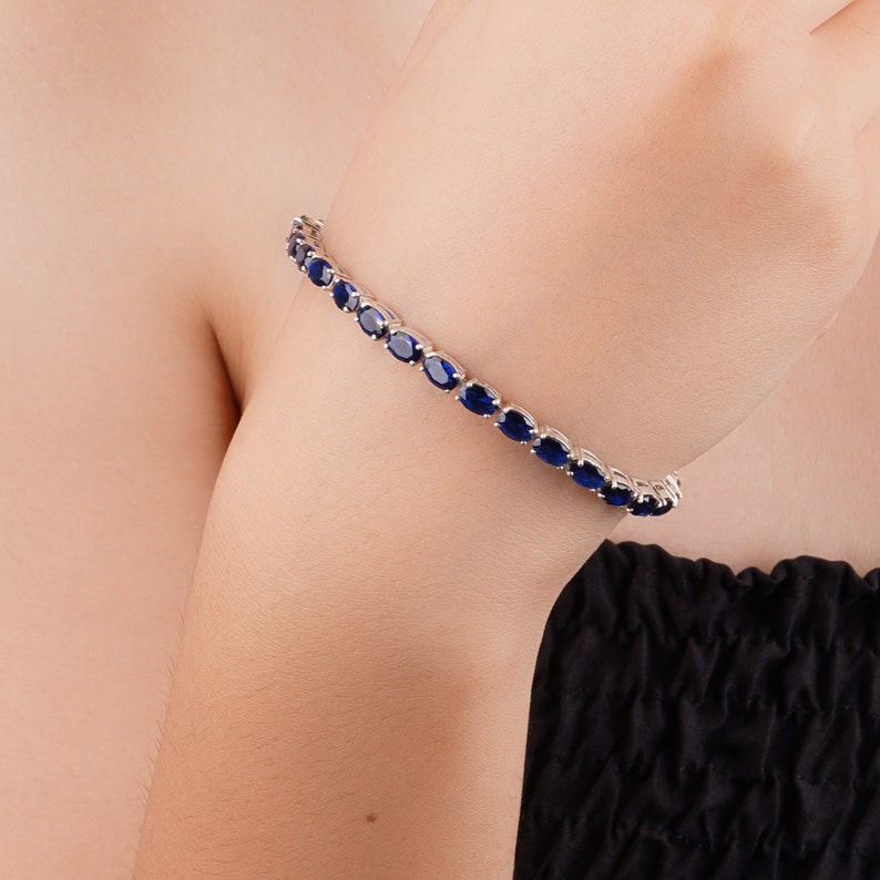 Silver Blue Sapphire Tennis Bracelet for Her, Mothers day gift, Unique Birthday Gift for Her, Women silver Bracelet women Silver Jewelry image 3