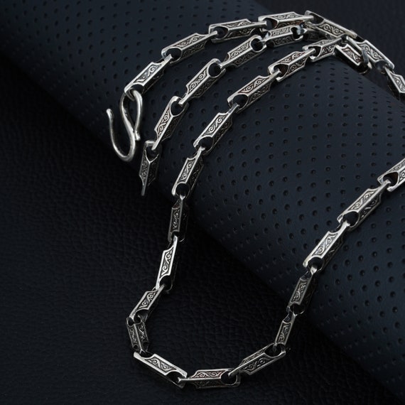 925 Sterling Silver Engraved Link Chain, Carved Rectangle Necklace
