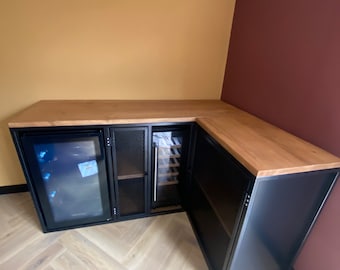 Aparador industrial - Bar de esquina - Enfriador de vinos - Bar - Bar en casa con refrigerador - Bar en casa - Bar de cueva para hombres - Frigorífico de bar - Mueble para bebidas