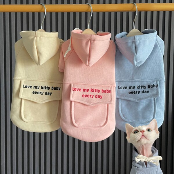 Cat Hoodie with Collar, Pocket Coat for Sphynx Cat, Adorable Cat Clothes, Cat Sweatshirt, Naked Cat Dress