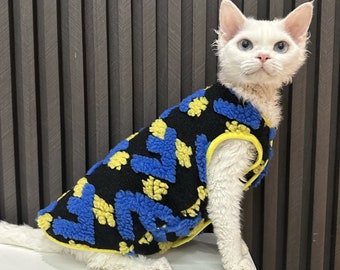 Blue Yellow Cat Vest, Winter Cat Clothing, Cozy Clothing for Hairless Cat, Gift for Cat Lover