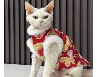 Furry Red Cat Cheongsam, Sphynx Cat Jacket, Winter Cozy Cat Clothing, Hairless Cat Clothing