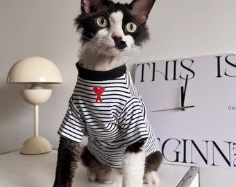 Stripe Shirt for Hairless Cat, Cotton Cat Shirt, Sphynx Cat Clothing, Gift for Cat Lover