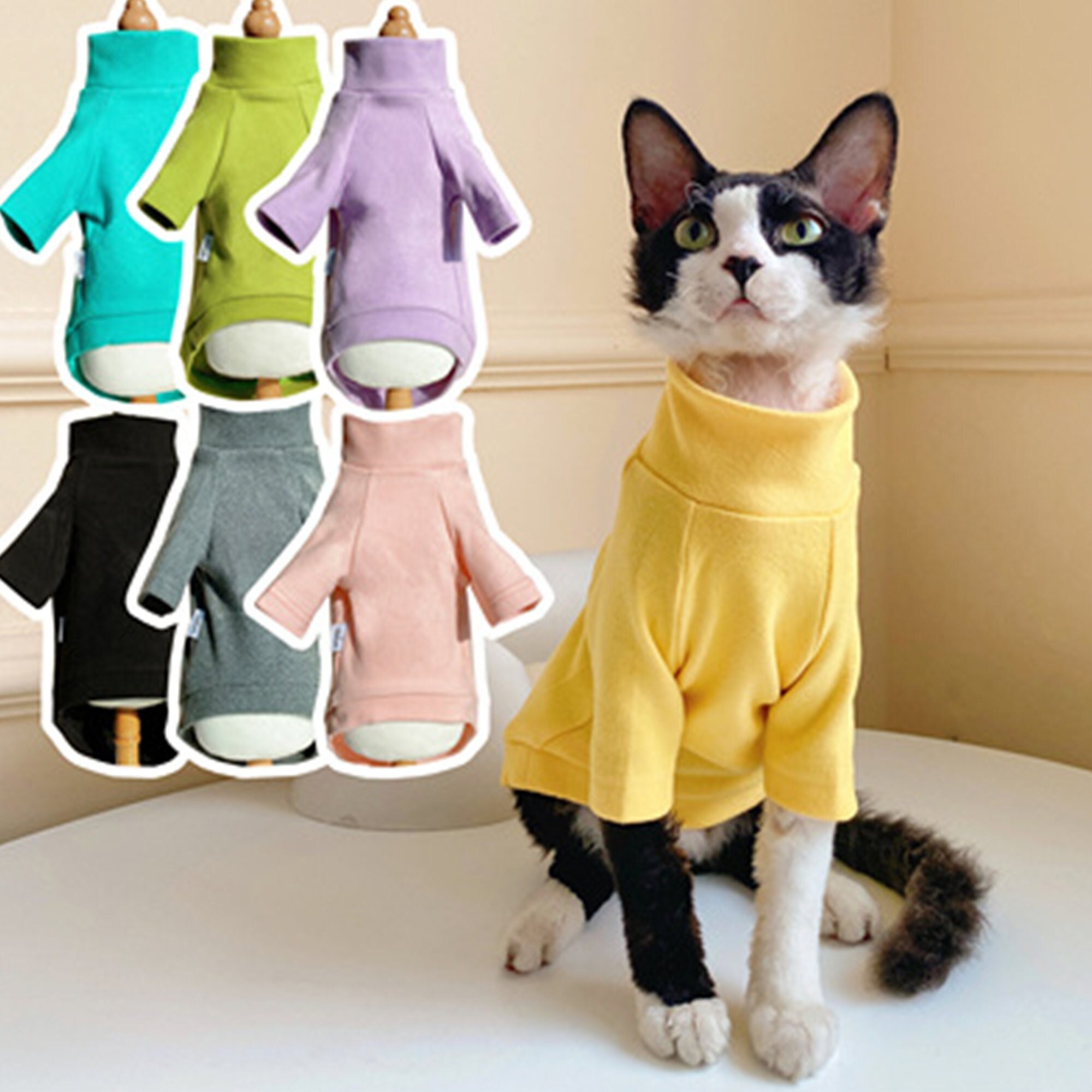 WMXING CAT CLOTHES, SPHYNX CAT CLOTHES, cotton high collar cat clothing,  tie dyeing craft cat clothes, elastic cat clothes-blue_M