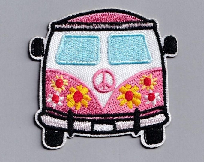 Pink Campervan Patch Iron-on Embroidered Campervan Hippy Peace Symbol Applique Patches