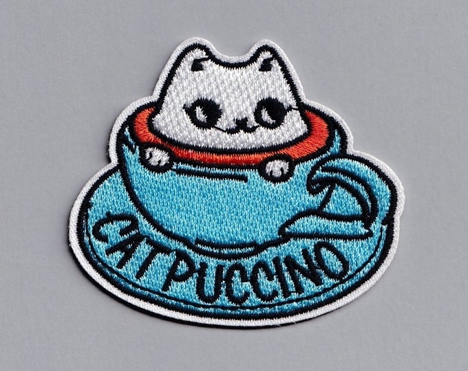 Embroidered Iron-on Catpuccino Patch Applique Coffee Cat