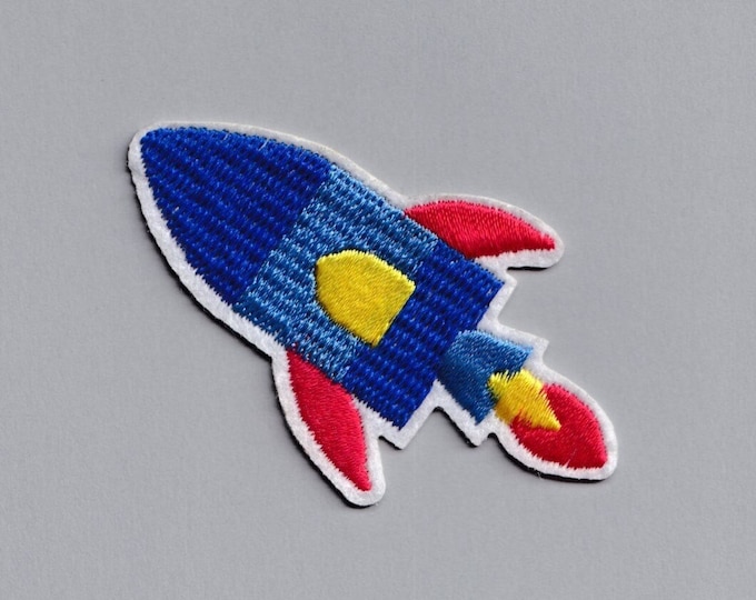 Blue Space Rocket Patch Applique Kids Iron-on Embroidered Spaceship Patch