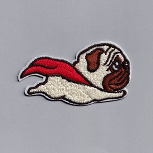 Parche de Super Pug bordado para planchar Aplique de parche de superhéroe Pug volador