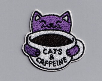 Embroidered Iron-on Cats and Caffeine Patch Applique Coffee Cat Lover Gift