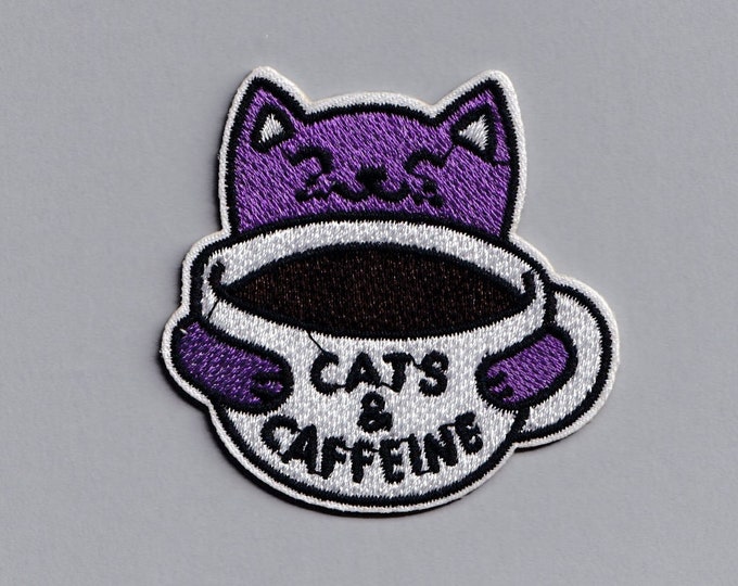 Embroidered Iron-on Cats and Caffeine Patch Applique Coffee Cat Lover Gift