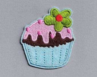 Petite Blue Pink Cupcake Patch Iron-on Embroidered Cupcake Applique