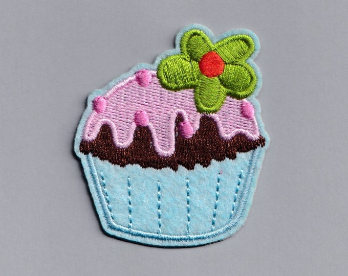 Petite Blue Pink Cupcake Patch Iron-on Embroidered Cupcake Applique