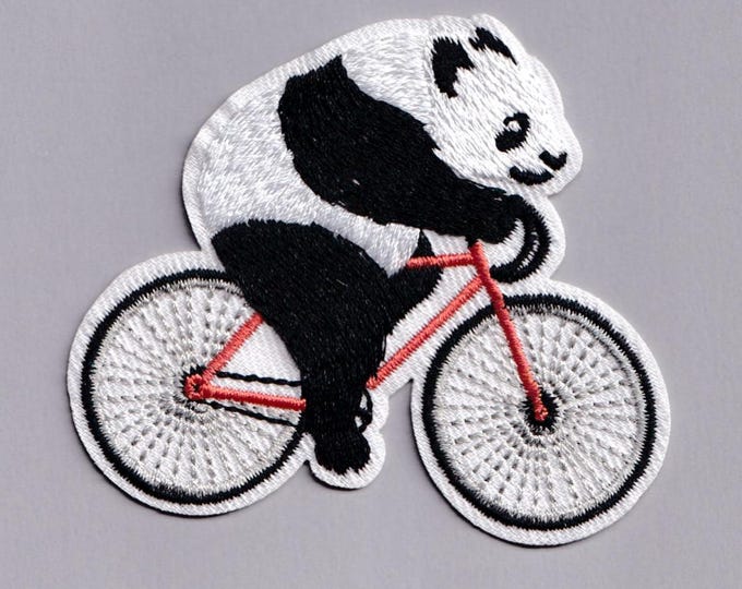 Cycling Panda Patch Iron on or Sew on Cute Panda on a Bicycle Bike Applique Patches