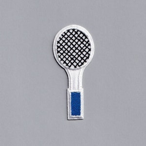 May include: Embroidered patch of a white tennis racket with a black net and a blue handle. The patch is on a grey background. Ideal for decorating clothing or accessories.
