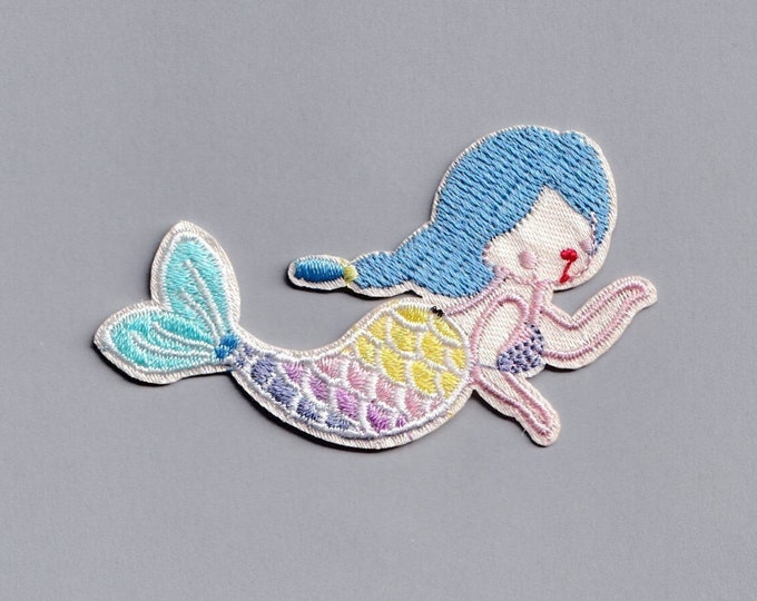 Kids Cute Mermaid Patch Applique Iron on Embroidered Blue Mermaid Patch