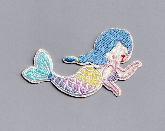 Kids Cute Mermaid Patch Applique Iron on Embroidered Blue Mermaid Patch