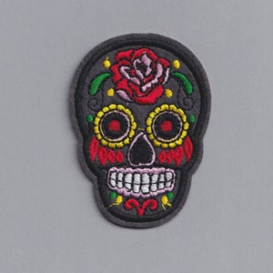 Grey Mexican Sugar Skull Iron On Patch Embroidered Day of the Dead Candy Skull Applique