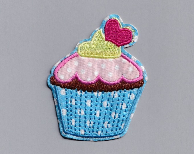 Blue Pink Cupcake Patch Iron-on Embroidered Cupcake Red Heart Applique Patches