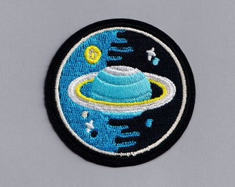 Embroidered Round Iron-on Blue Planet Patch Applique Space Travel Saturn Patches