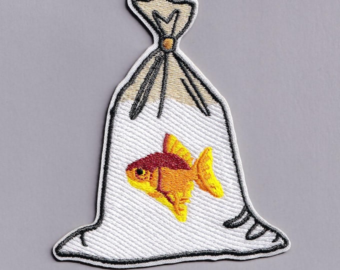 Goldfish Patch Iron-on Embroidered Pet Goldfish In a Bag Patch Applique