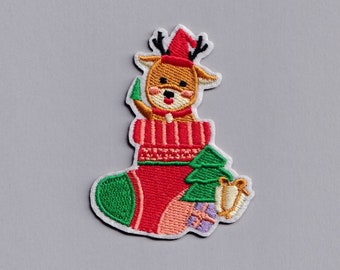Reindeer Christmas Stocking Patch Iron-on Embroidered Christmas Applique Patches