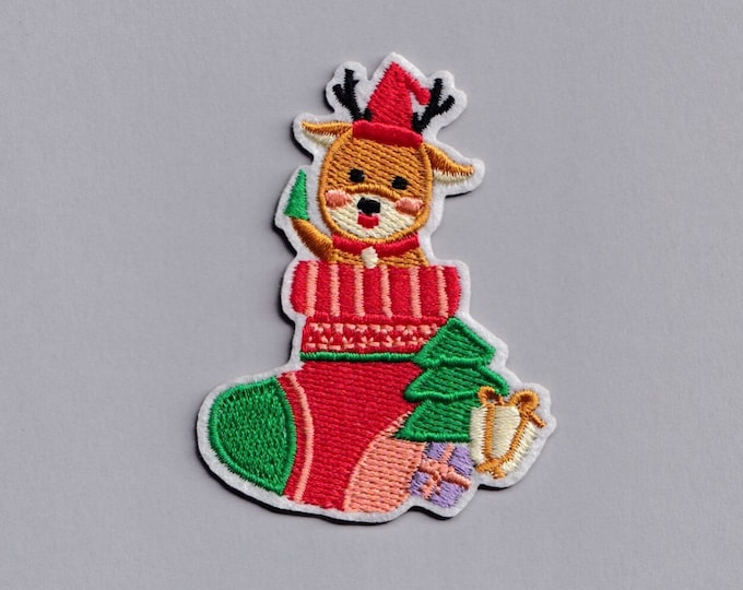 Reindeer Christmas Stocking Patch Iron-on Embroidered Christmas Applique Patches
