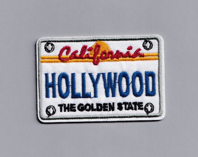 Hollywood License Plate Patch Applique Iron-on Embroidered Hollywood California Number Plate Travel Backpacking Patches