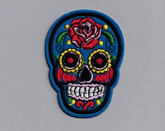 Blue Mexican Sugar Skull Iron On Patch Embroidered Day of the Dead Candy Skull Applique