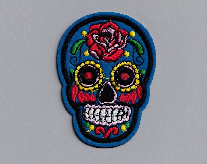 Blue Mexican Sugar Skull Iron On Patch Embroidered Day of the Dead Candy Skull Applique