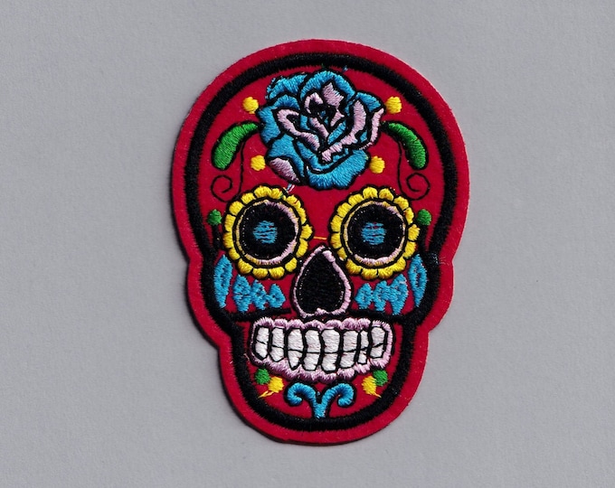 Red Mexican Sugar Skull Iron On Patch Embroidered Day of the Dead Candy Skull Applique