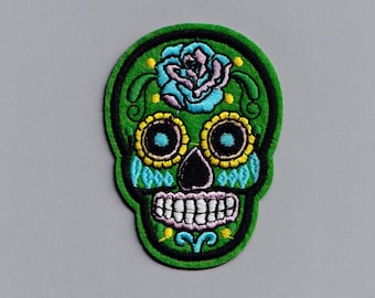 Green Mexican Sugar Skull Iron On Patch Embroidered Day of the Dead Candy Skull Applique