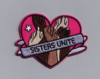 Pink Sisters Unite Feminist Patch Iron On Embroidered Feminism Heart Applique Patch