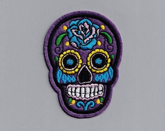 Purple Mexican Sugar Skull Iron On Patch Embroidered Day of the Dead Candy Skull Applique